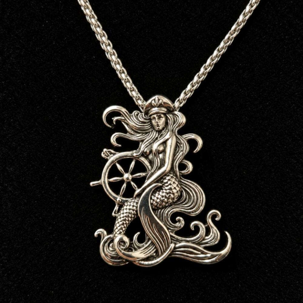 Silver Stainless Steel Mermaid Captain & Ship's Wheel Pendant Necklace